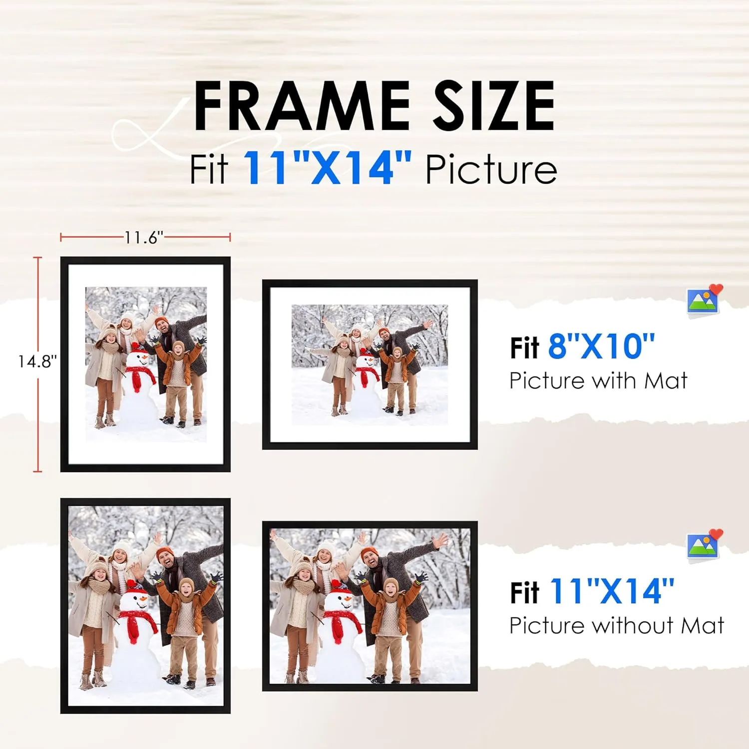 FIXSMITH 11x14 Picture Frame Bulk-4 Pack, Photo Frame with HD Plexiglass, Display Pictures 8x10 with Mat or 11x14 Without Mat, Black Picture Frames Collage Wall Decor, Gallary Wall Frame