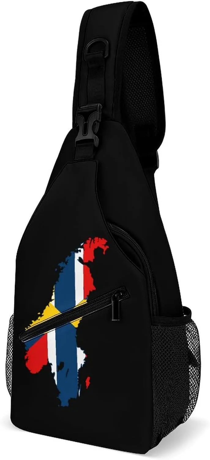 Flag Map of Sweden Norway Funny Crossbody Sling Bag Novelty Chest Bags Shoulder Backpack For Travel Hiking 15×8×4 Inches