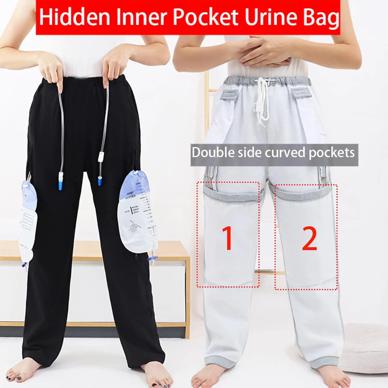 Fleece Lined Winter Urine Bag Holder Pants with Zippered Pockets,Incontinence Catheter Pants,Urine Bag Holder Trousers for Nephropathy Nephrostomy,Cystostomy,Eelderly