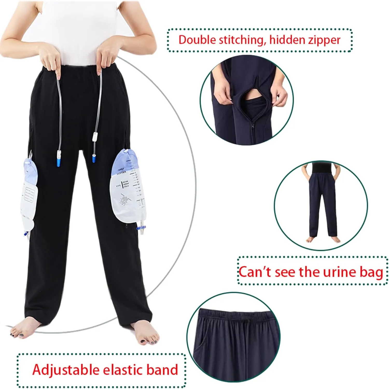 Fleece Lined Winter Urine Bag Holder Pants with Zippered Pockets,Incontinence Catheter Pants,Urine Bag Holder Trousers for Nephropathy Nephrostomy,Cystostomy,Eelderly