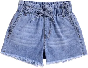 Floerns Girl's Elastic Waist Frayed Hem Shorts Paperbag Denim Shorts