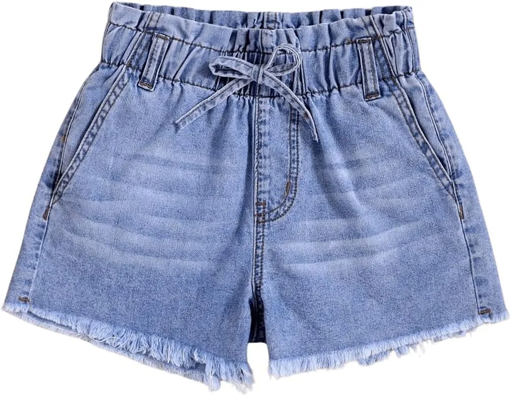 Floerns Girl's Elastic Waist Frayed Hem Shorts Paperbag Denim Shorts
