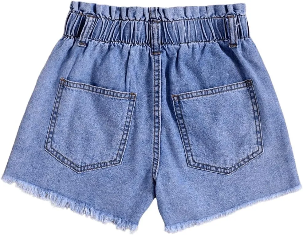 Floerns Girl's Elastic Waist Frayed Hem Shorts Paperbag Denim Shorts