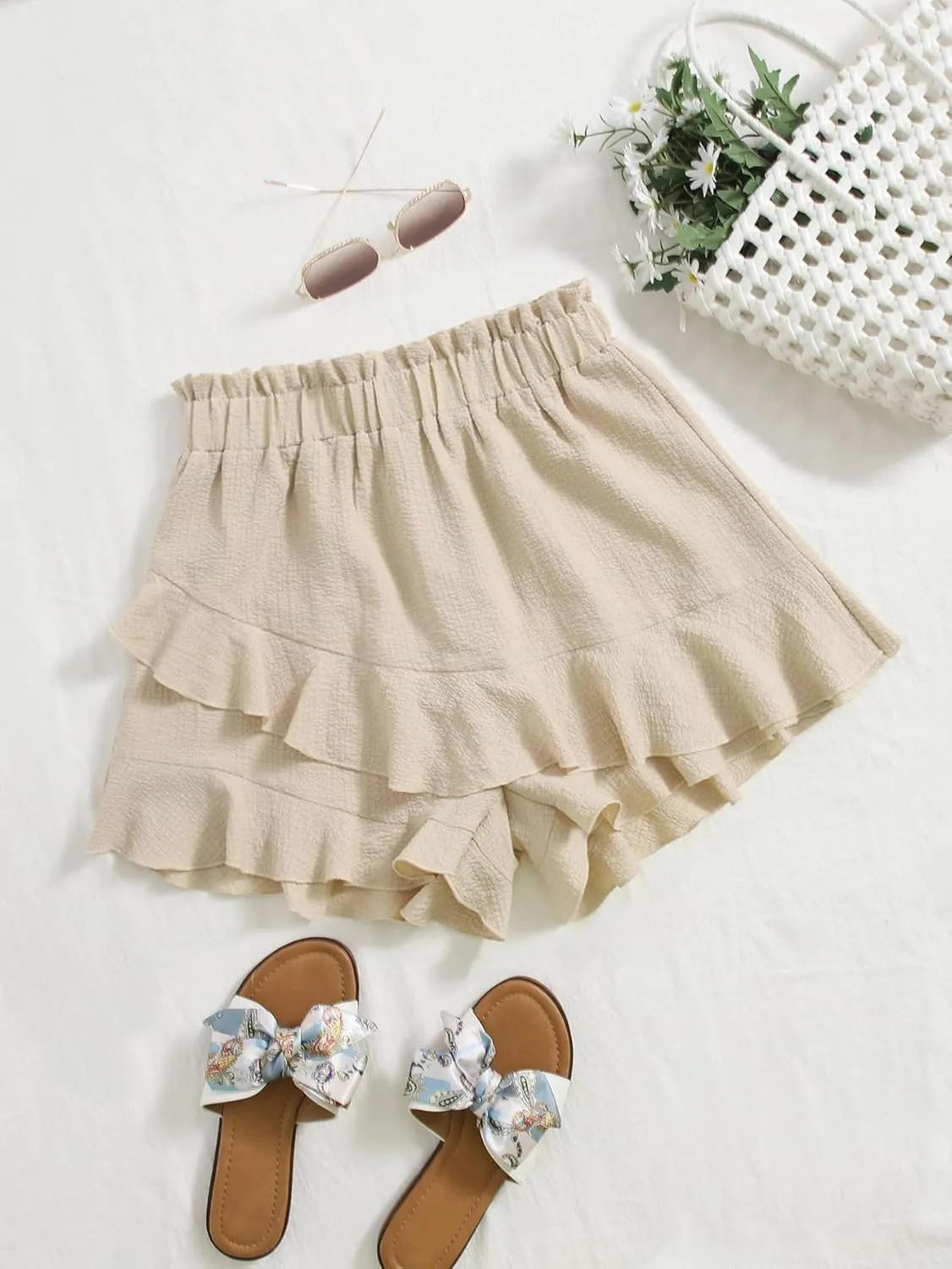 Floerns Women's Boho Paperbag Waist Ruffle Hem Elastic High Waist Cropped Shorts