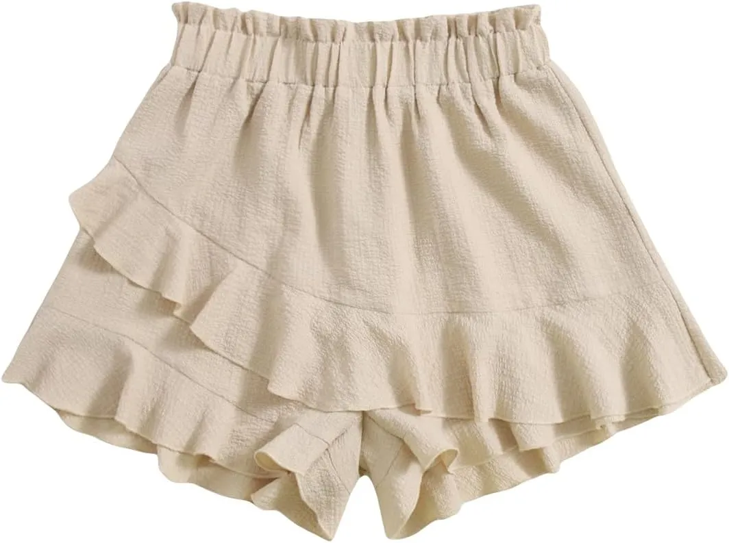 Floerns Women's Boho Paperbag Waist Ruffle Hem Elastic High Waist Cropped Shorts