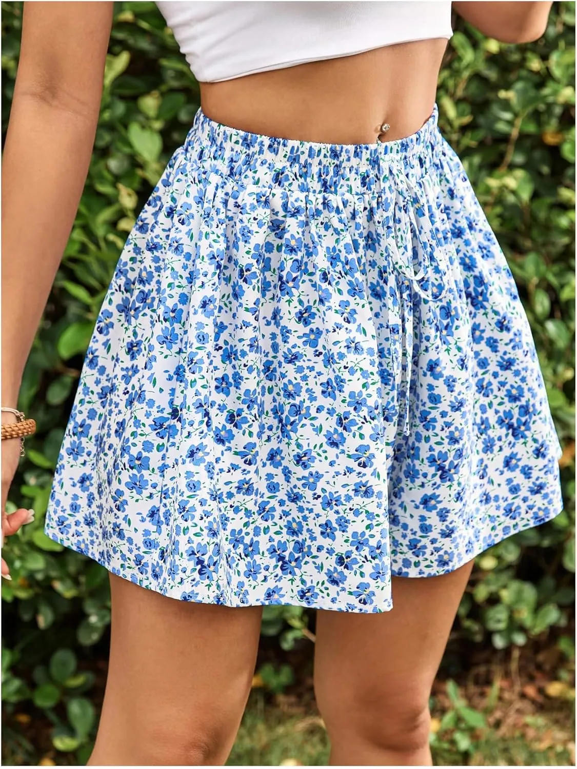Floerns Women's Floral Print Elastic Waist Wide Leg Ruffle Hem Summer Shorts