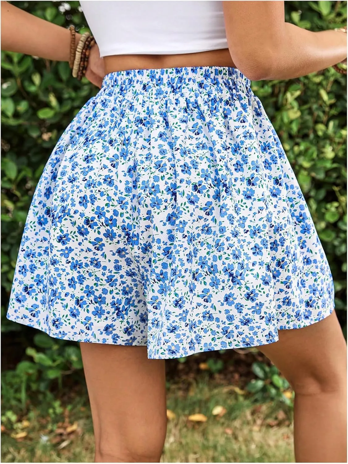 Floerns Women's Floral Print Elastic Waist Wide Leg Ruffle Hem Summer Shorts