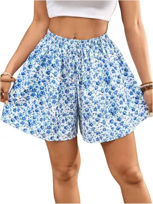 Floerns Women's Floral Print Elastic Waist Wide Leg Ruffle Hem Summer Shorts