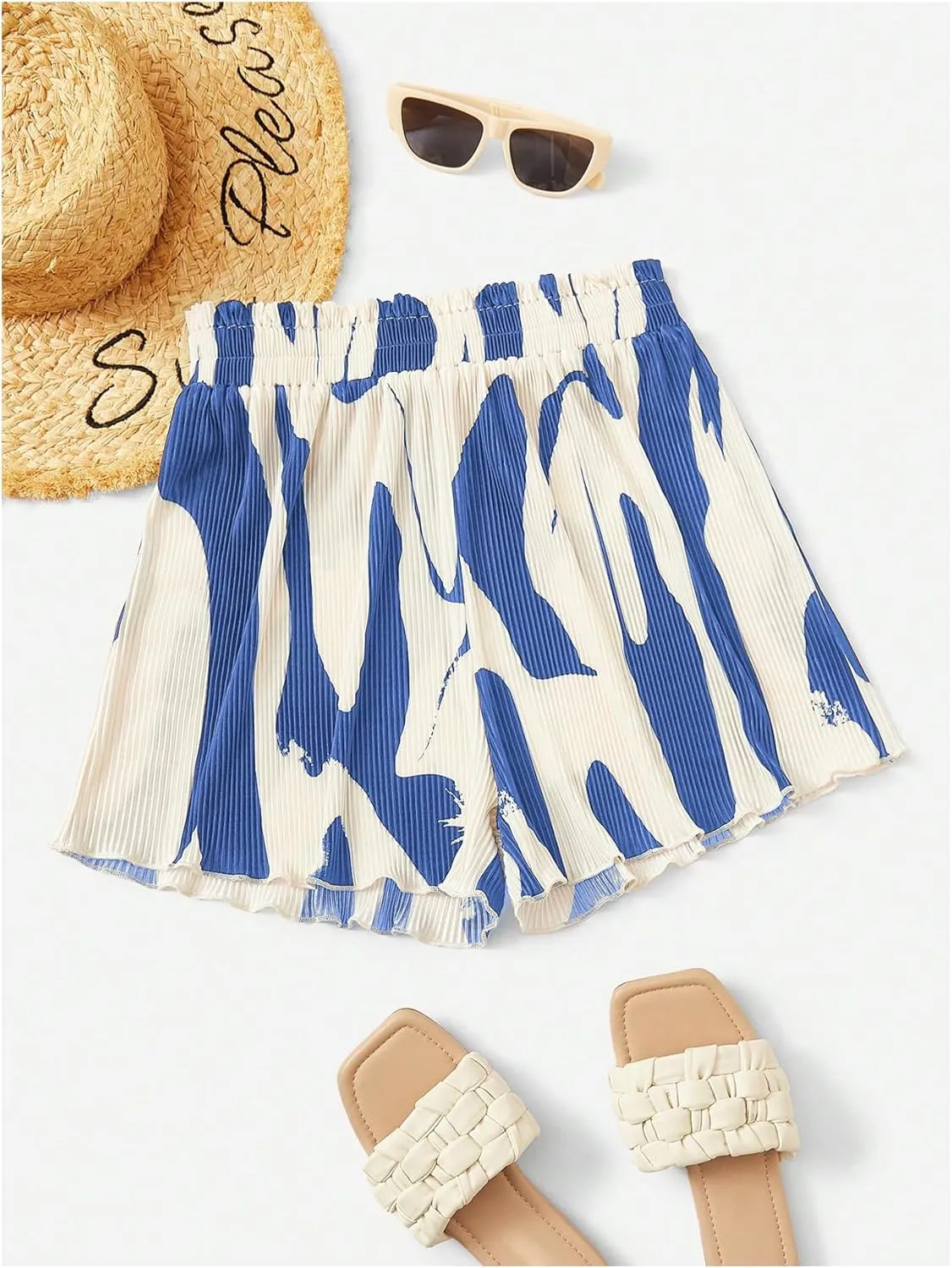 Floerns Women's Lettuce Trim Flowy Shorts Allover Print Elastic High Waist Wide Leg Shorts