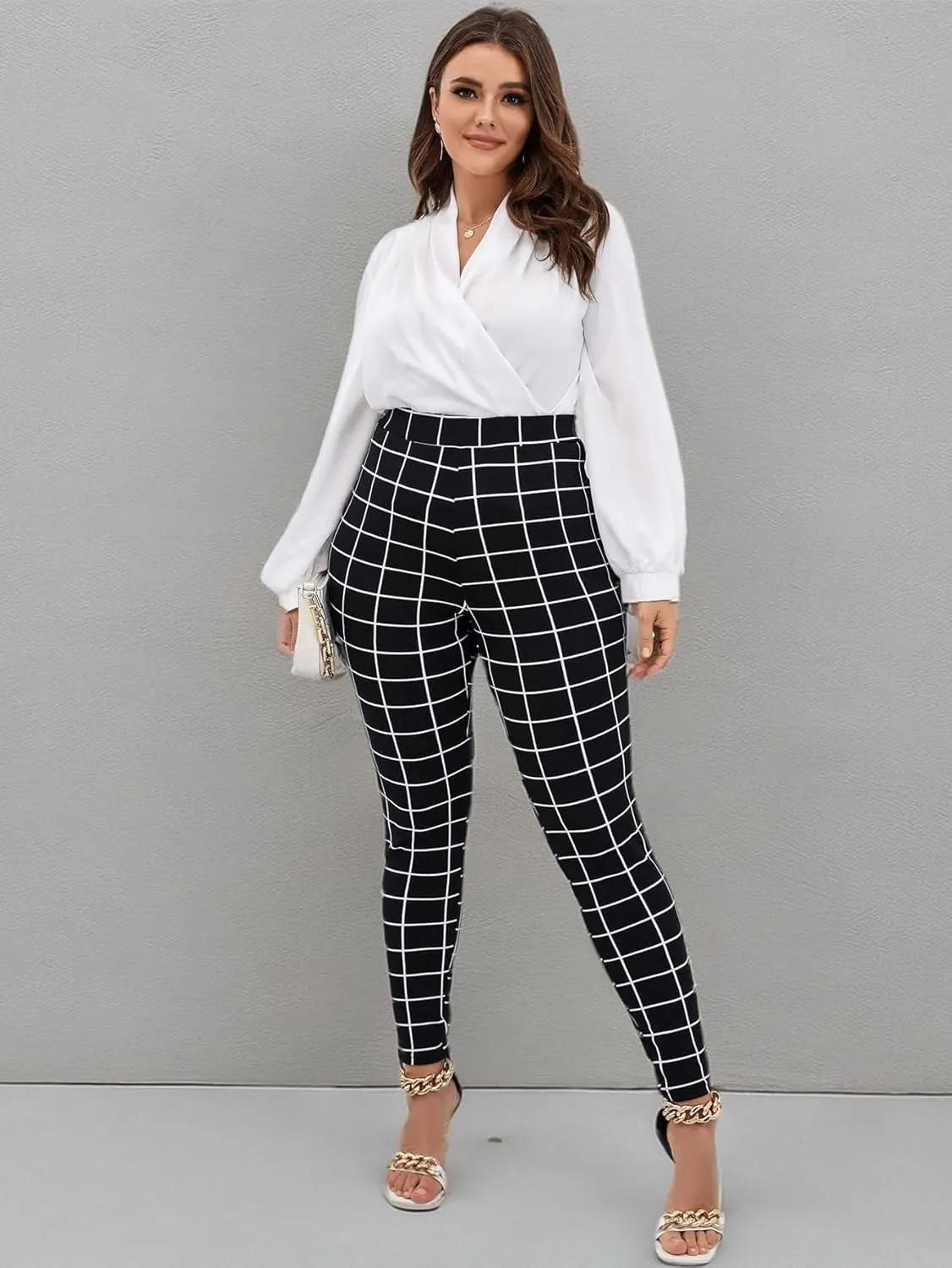 Floerns Women's Plus Size Plaid Pants Leggings Stretchy Elastic Waist Work Skinny Pants