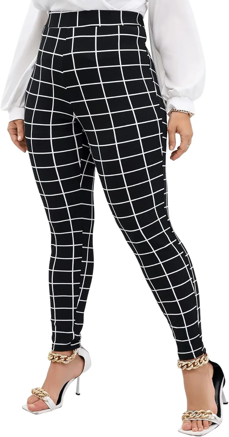 Floerns Women's Plus Size Plaid Pants Leggings Stretchy Elastic Waist Work Skinny Pants