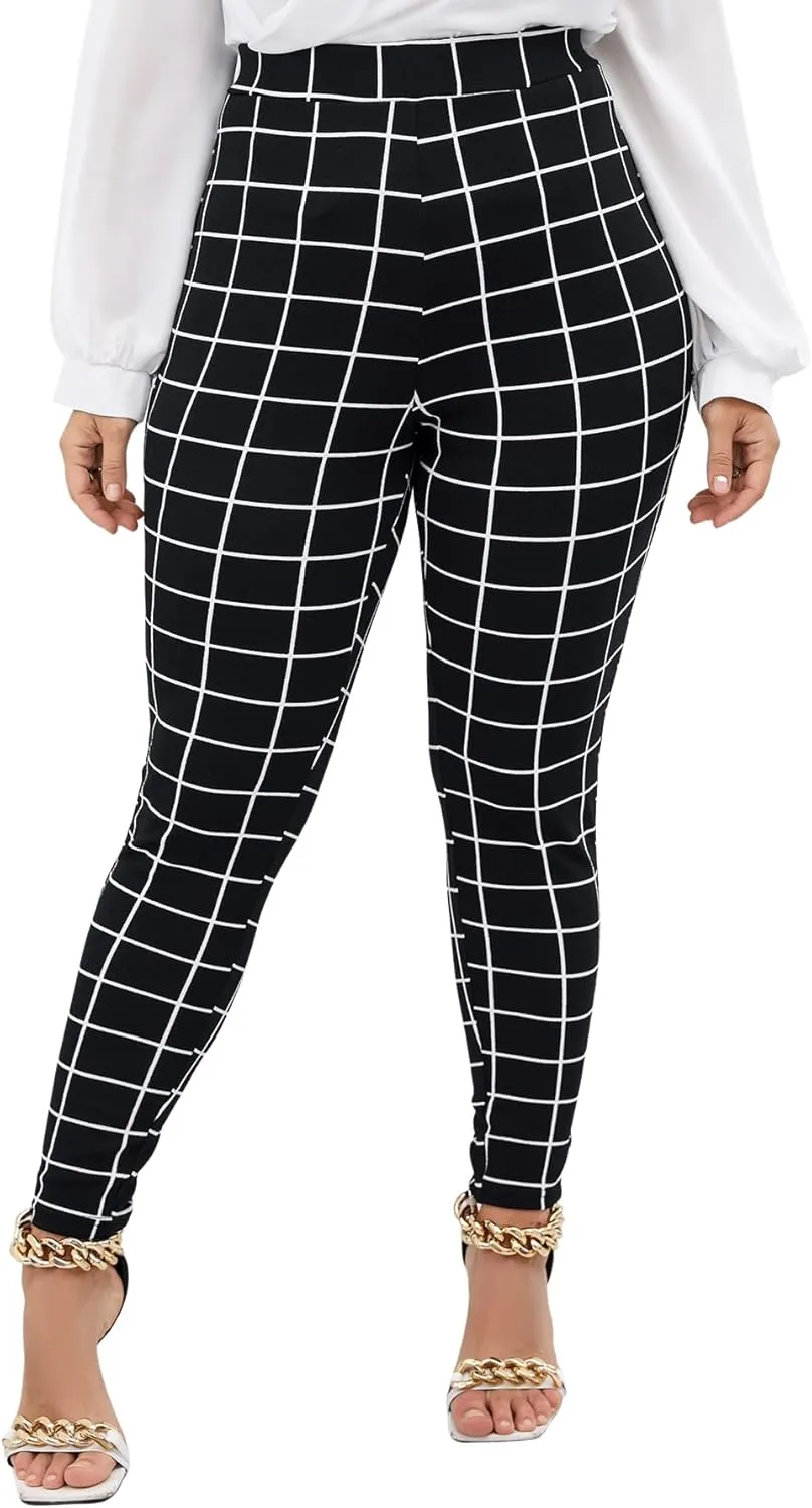 Floerns Women's Plus Size Plaid Pants Leggings Stretchy Elastic Waist Work Skinny Pants