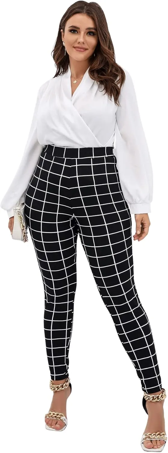 Floerns Women's Plus Size Plaid Pants Leggings Stretchy Elastic Waist Work Skinny Pants