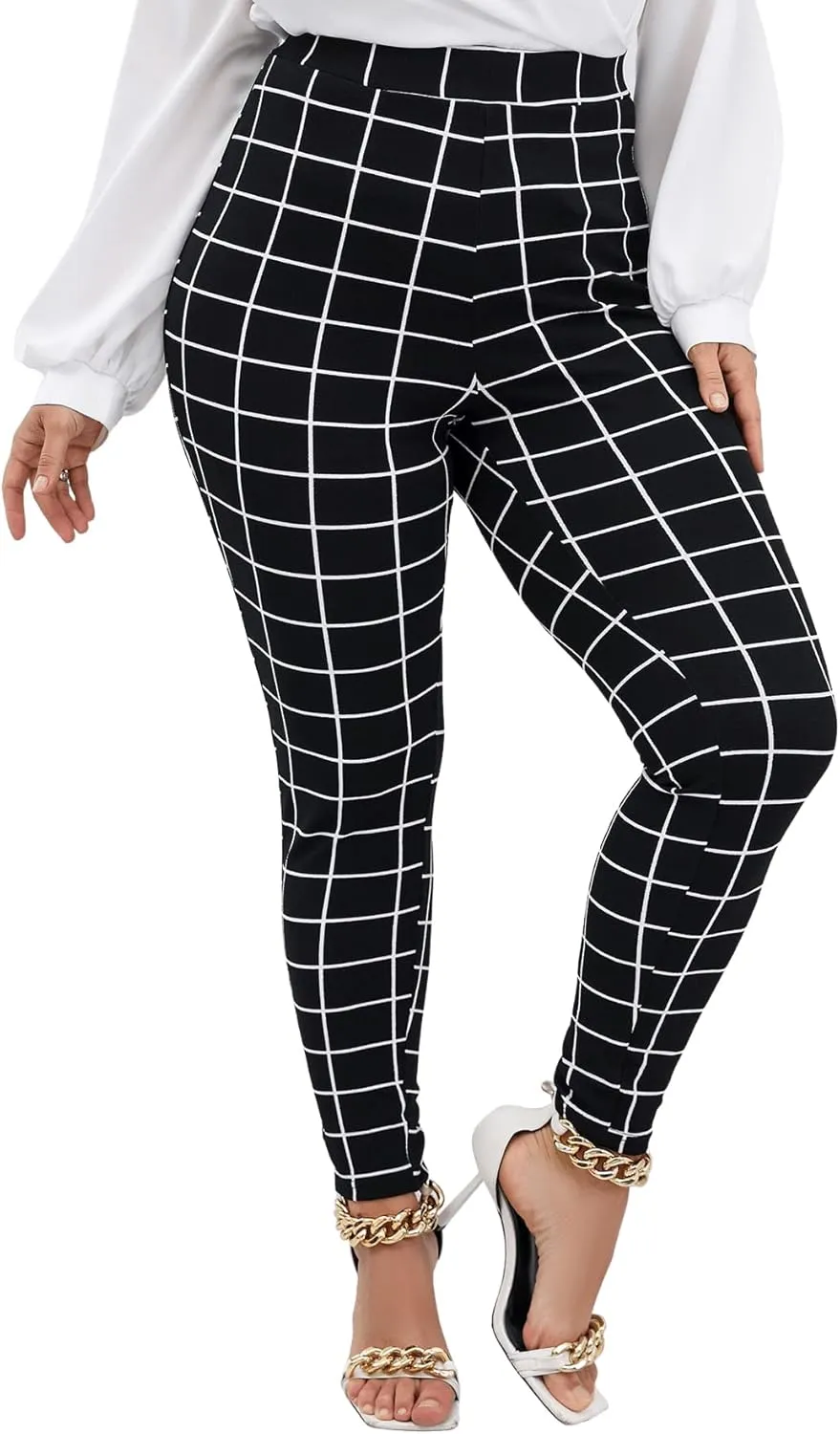 Floerns Women's Plus Size Plaid Pants Leggings Stretchy Elastic Waist Work Skinny Pants