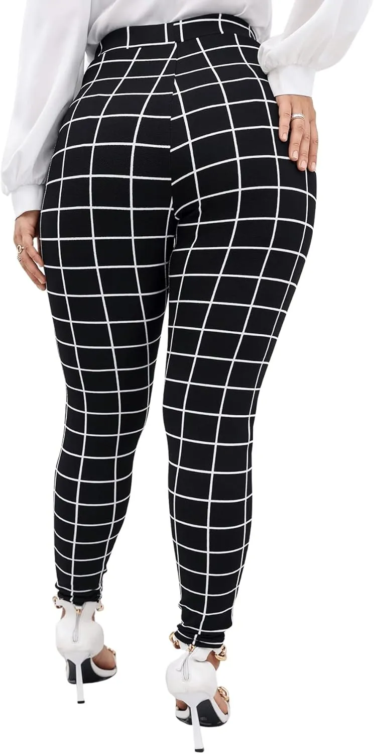 Floerns Women's Plus Size Plaid Pants Leggings Stretchy Elastic Waist Work Skinny Pants