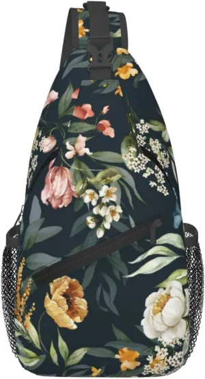 Floral Pattern Sling Bag for Women Crossbody Bag Watercolor Pink Blush Flower Green Leaves Branches Sling Backpack for Men Colorful Flowers Shoulder Bag Gym Sports Travel Hiking Daypack