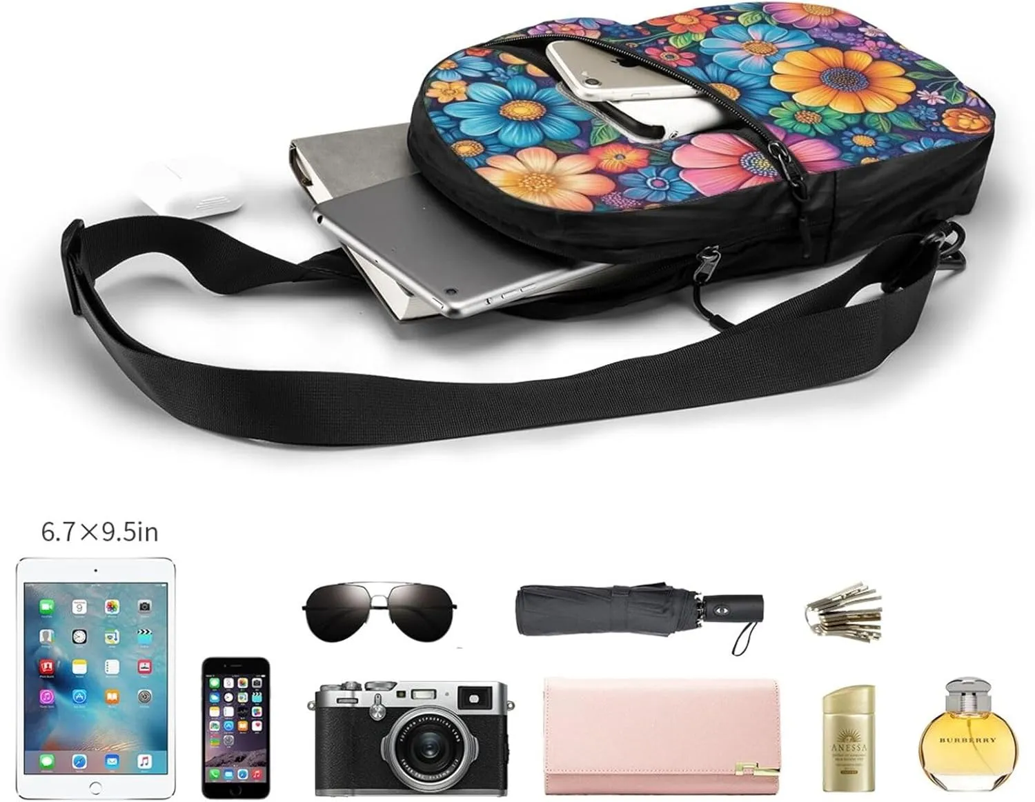 Flower Print Crossbody Bags For Women, Sling Bag For Men, Hiking Backpack Lightweight For Casual Outdoor Travel