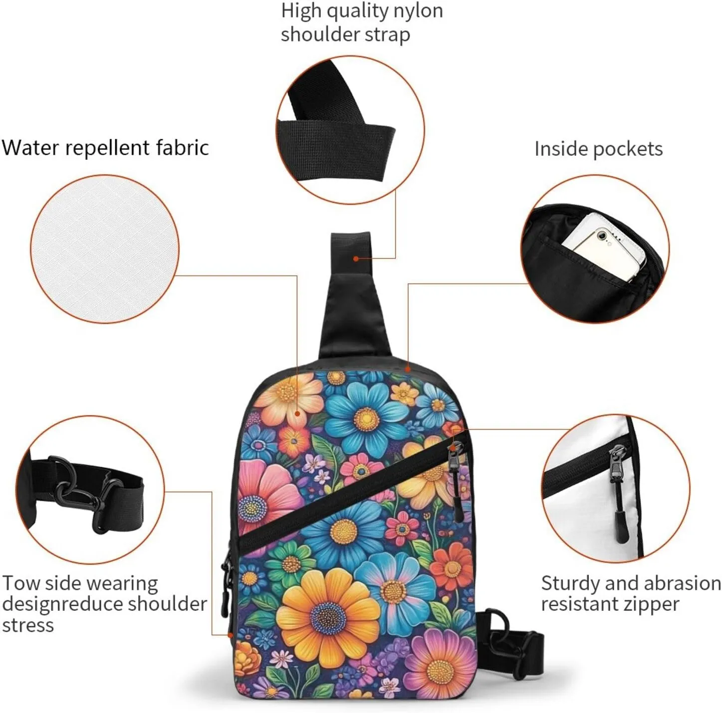 Flower Print Crossbody Bags For Women, Sling Bag For Men, Hiking Backpack Lightweight For Casual Outdoor Travel