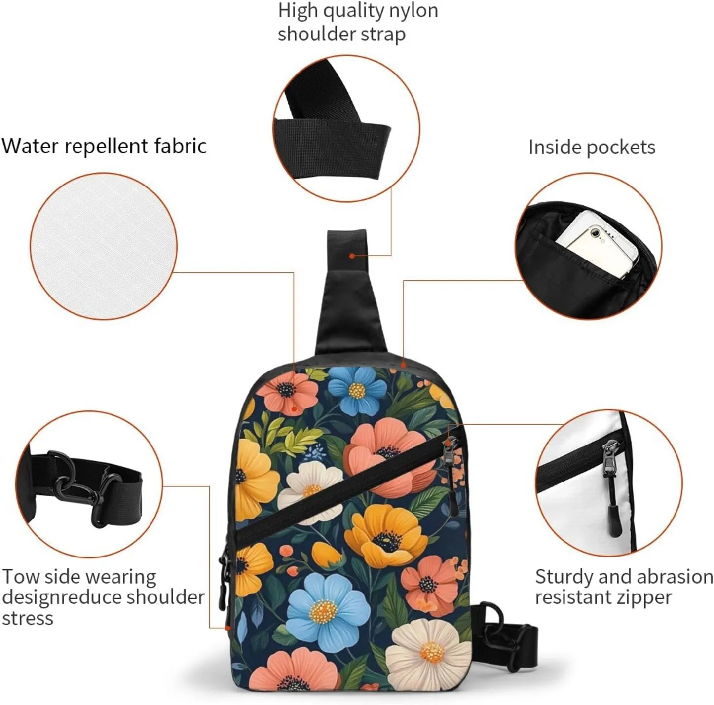 Flower Print Crossbody Bags For Women, Sling Bag For Men, Hiking Backpack Lightweight For Casual Outdoor Travel