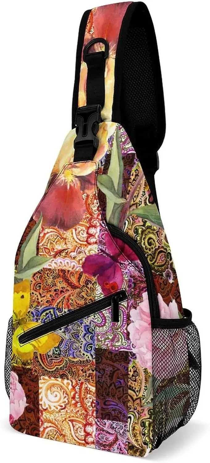 Flowers Butterfly Sling Bag Crossbody for Women Men Lightweight Adjustable Extender Strap Tribal Indian Shoulder Backpack with Water Bottle Holder Casual Daypack for Hiking Travel