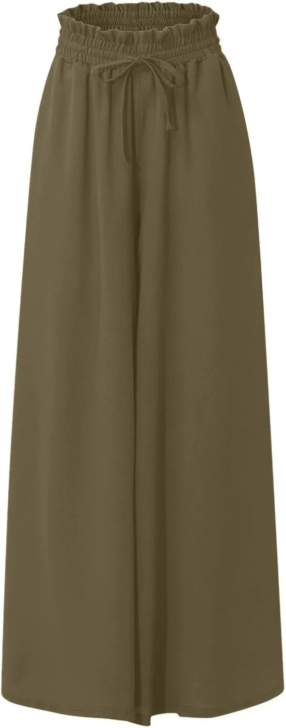 Flowy Wide Leg Pants for Women Ladies Chiffon High Waisted Palazzo Pants Comfy Paperbag Beach Pants with Pockets