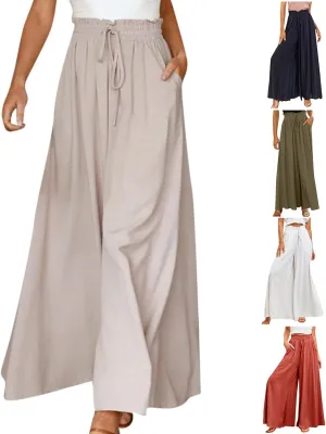 Flowy Wide Leg Pants for Women Ladies Chiffon High Waisted Palazzo Pants Comfy Paperbag Beach Pants with Pockets