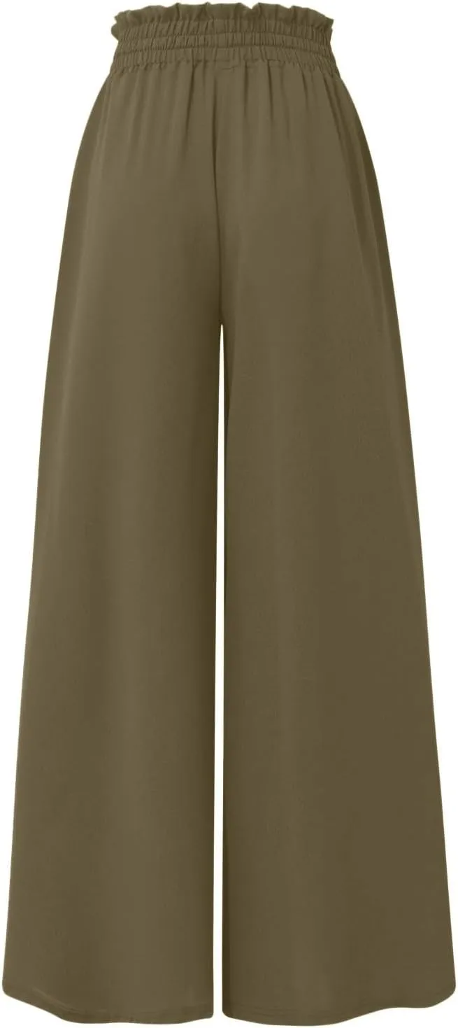 Flowy Wide Leg Pants for Women Ladies Chiffon High Waisted Palazzo Pants Comfy Paperbag Beach Pants with Pockets
