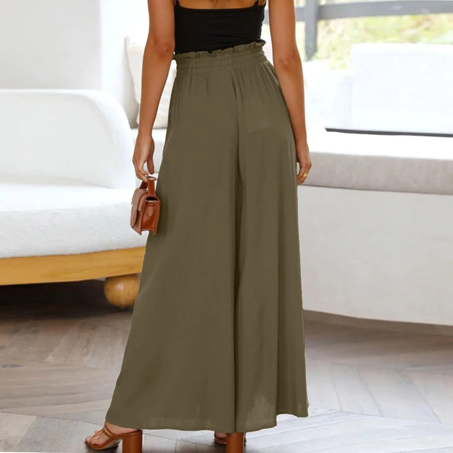 Flowy Wide Leg Pants for Women Ladies Chiffon High Waisted Palazzo Pants Comfy Paperbag Beach Pants with Pockets