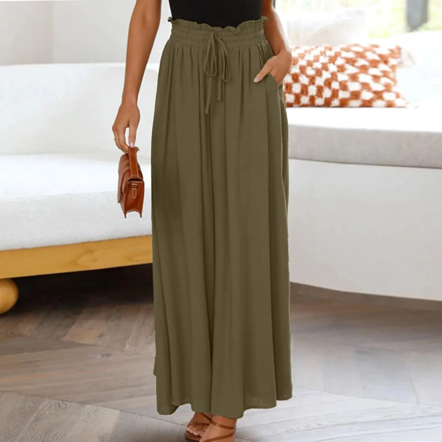 Flowy Wide Leg Pants for Women Ladies Chiffon High Waisted Palazzo Pants Comfy Paperbag Beach Pants with Pockets