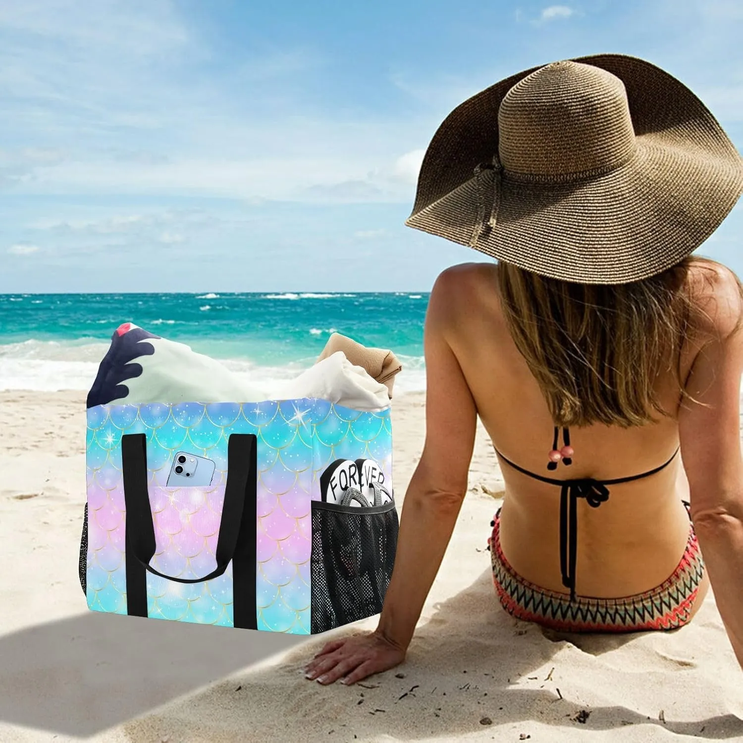 Foldable Grocery Reusable Tote Grocery Bag, Travel Canvas Shoulder Bags, Large Casual Laundry Pool Beach Bag