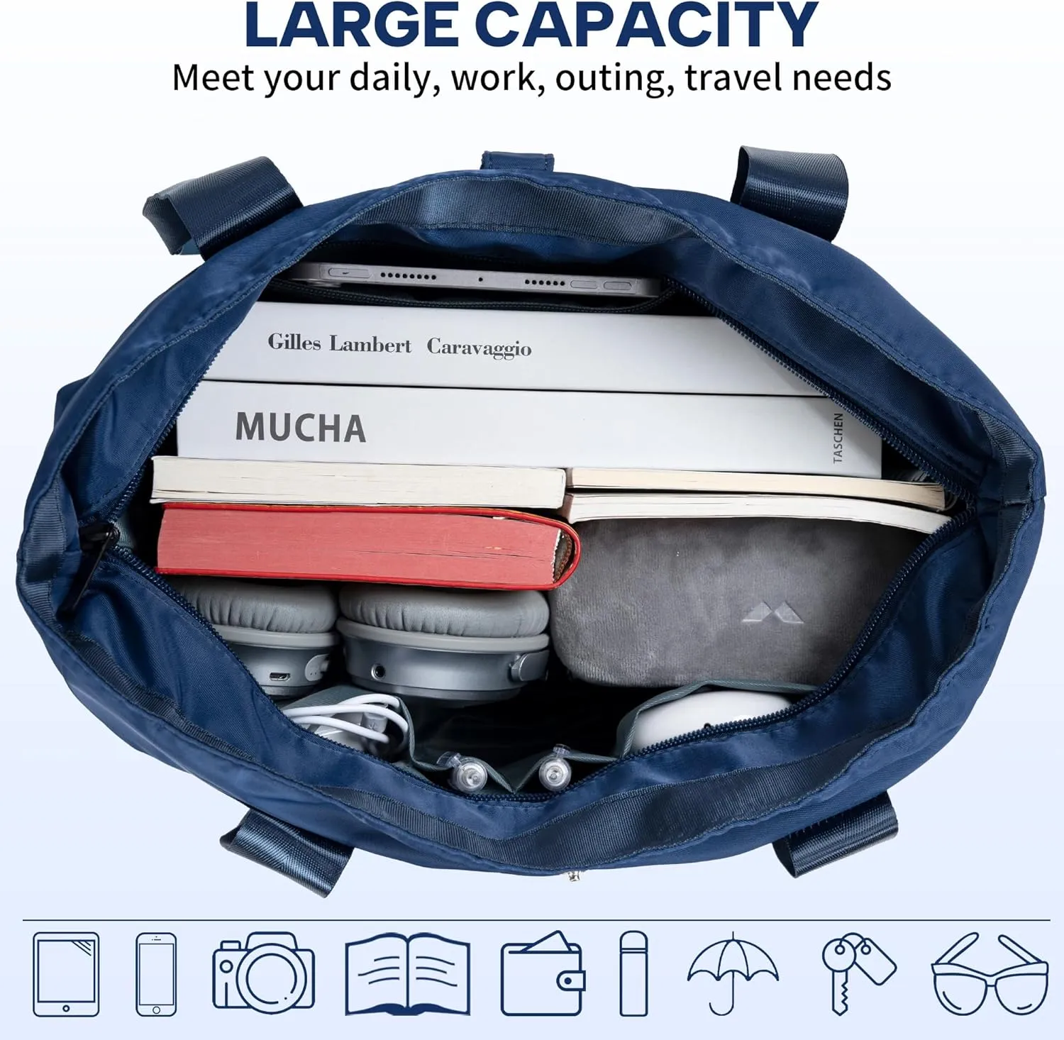 Foldable Tote Bag for Women, Lightweight Shoulder Bag With Compartment and Zipper for Travel, Work, Outdoor
