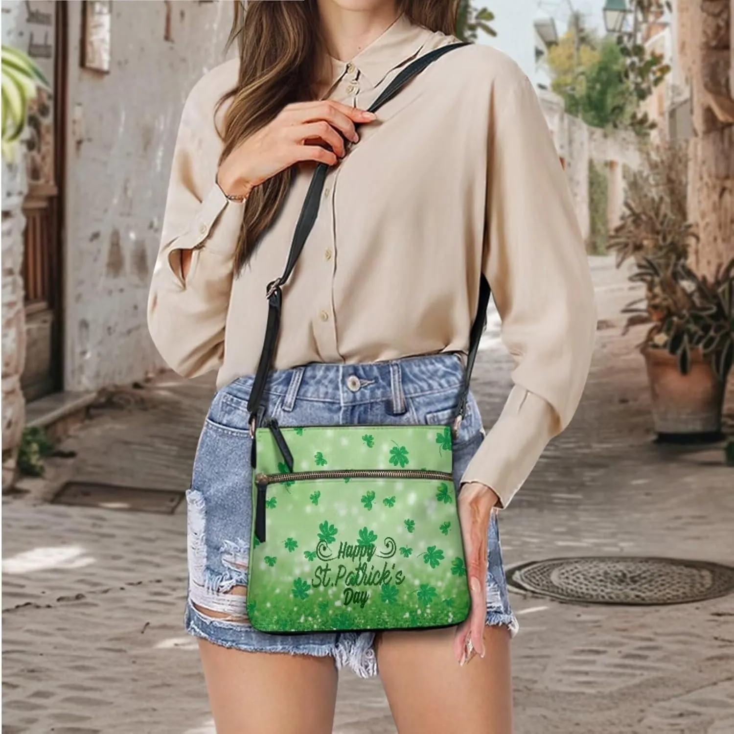 FOR U DESIGNS Travel Crossbody Bags for Women Leather Hobo Bags St. Patrick's Day Green Leaves Purse and Wallet Set