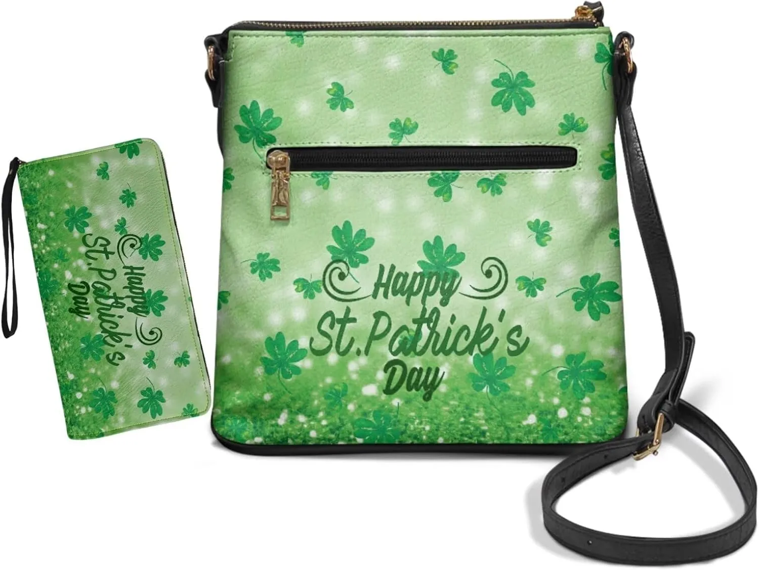 FOR U DESIGNS Travel Crossbody Bags for Women Leather Hobo Bags St. Patrick's Day Green Leaves Purse and Wallet Set