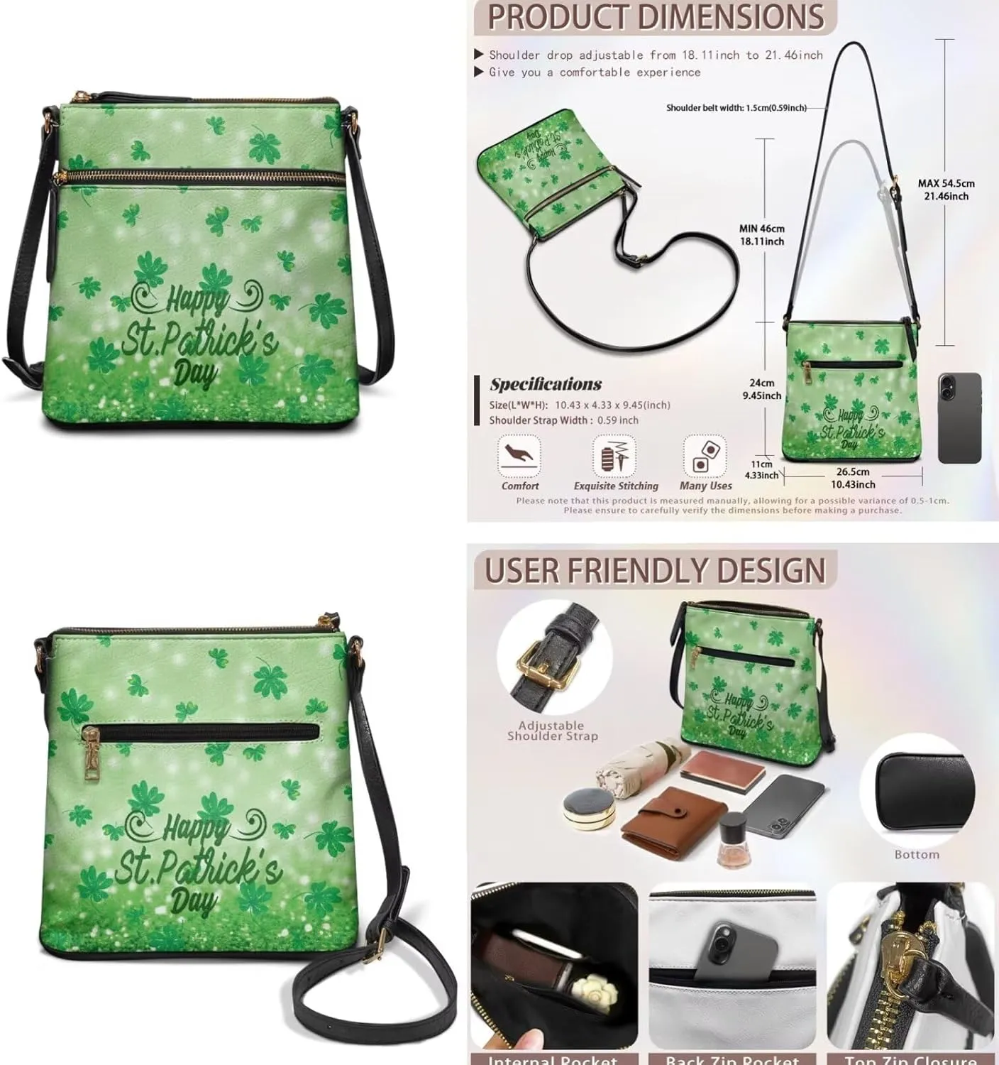 FOR U DESIGNS Travel Crossbody Bags for Women Leather Hobo Bags St. Patrick's Day Green Leaves Purse and Wallet Set