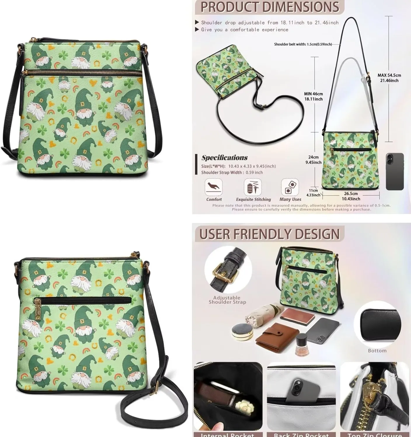 FOR U DESIGNS Travel Crossbody Bags for Women Leather Hobo Bags St. Patrick's Day Green Leaves Purse and Wallet Set