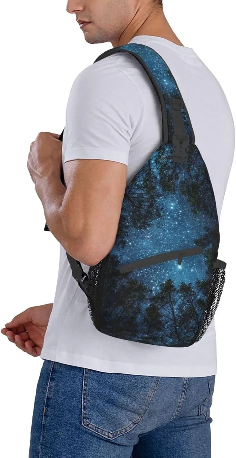 Forest Galaxy Sling Bag Crossbody Backpack for Men Women Night Sky Milky Way Tree Forest with Starry Chest Bag Adjustable Casual Shoulder Backpack Dark Blue Gym Travel Hiking Daypack