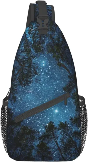 Forest Galaxy Sling Bag Crossbody Backpack for Men Women Night Sky Milky Way Tree Forest with Starry Chest Bag Adjustable Casual Shoulder Backpack Dark Blue Gym Travel Hiking Daypack