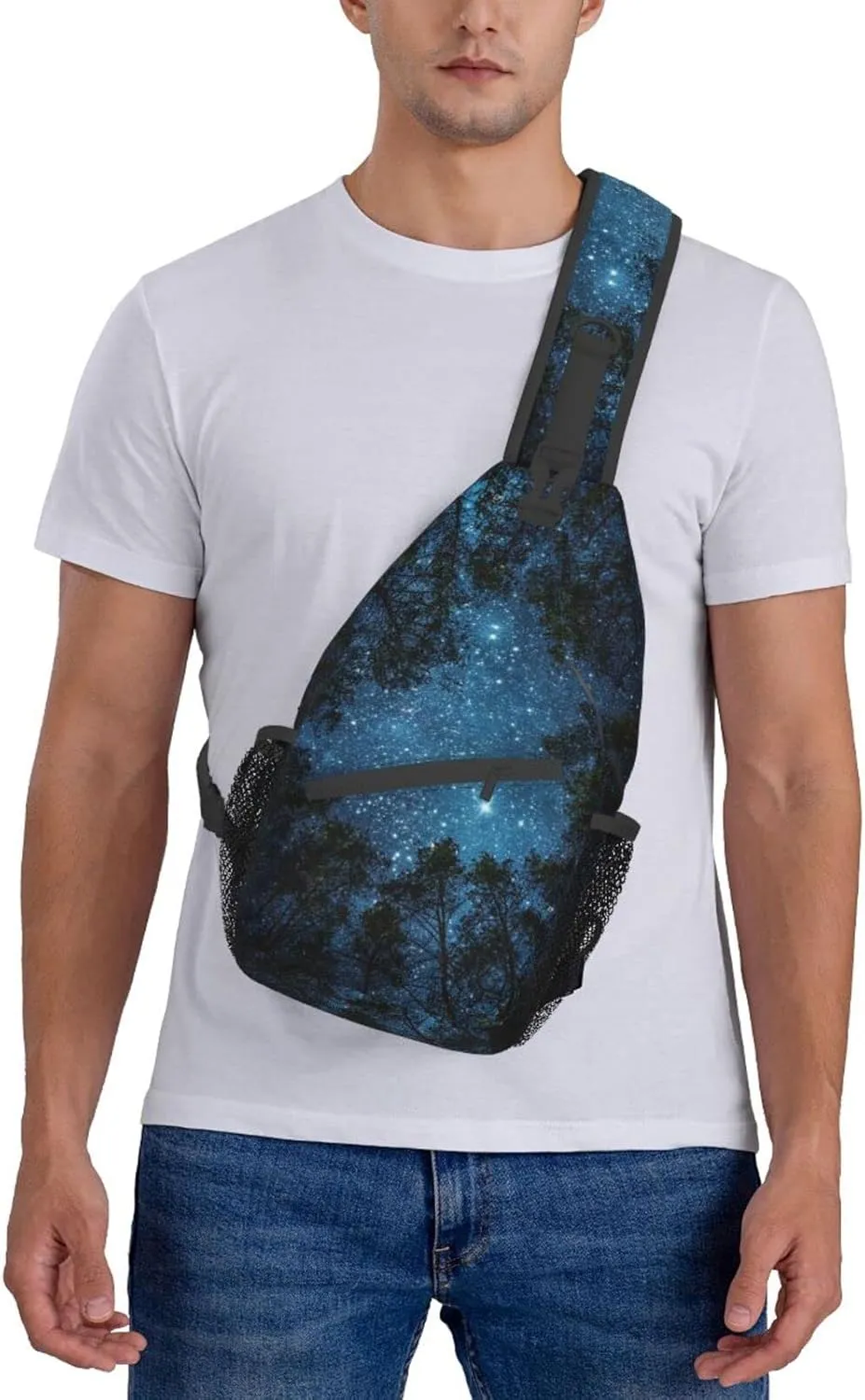 Forest Galaxy Sling Bag Crossbody Backpack for Men Women Night Sky Milky Way Tree Forest with Starry Chest Bag Adjustable Casual Shoulder Backpack Dark Blue Gym Travel Hiking Daypack