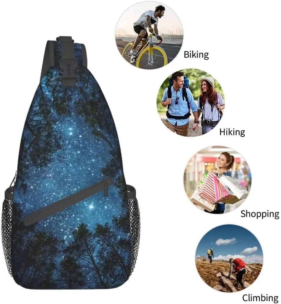 Forest Galaxy Sling Bag Crossbody Backpack for Men Women Night Sky Milky Way Tree Forest with Starry Chest Bag Adjustable Casual Shoulder Backpack Dark Blue Gym Travel Hiking Daypack