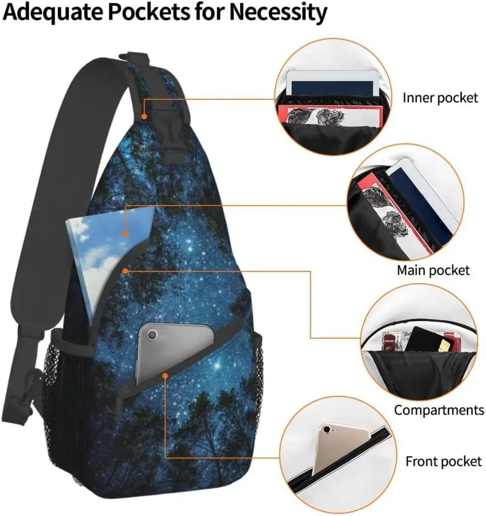 Forest Galaxy Sling Bag Crossbody Backpack for Men Women Night Sky Milky Way Tree Forest with Starry Chest Bag Adjustable Casual Shoulder Backpack Dark Blue Gym Travel Hiking Daypack