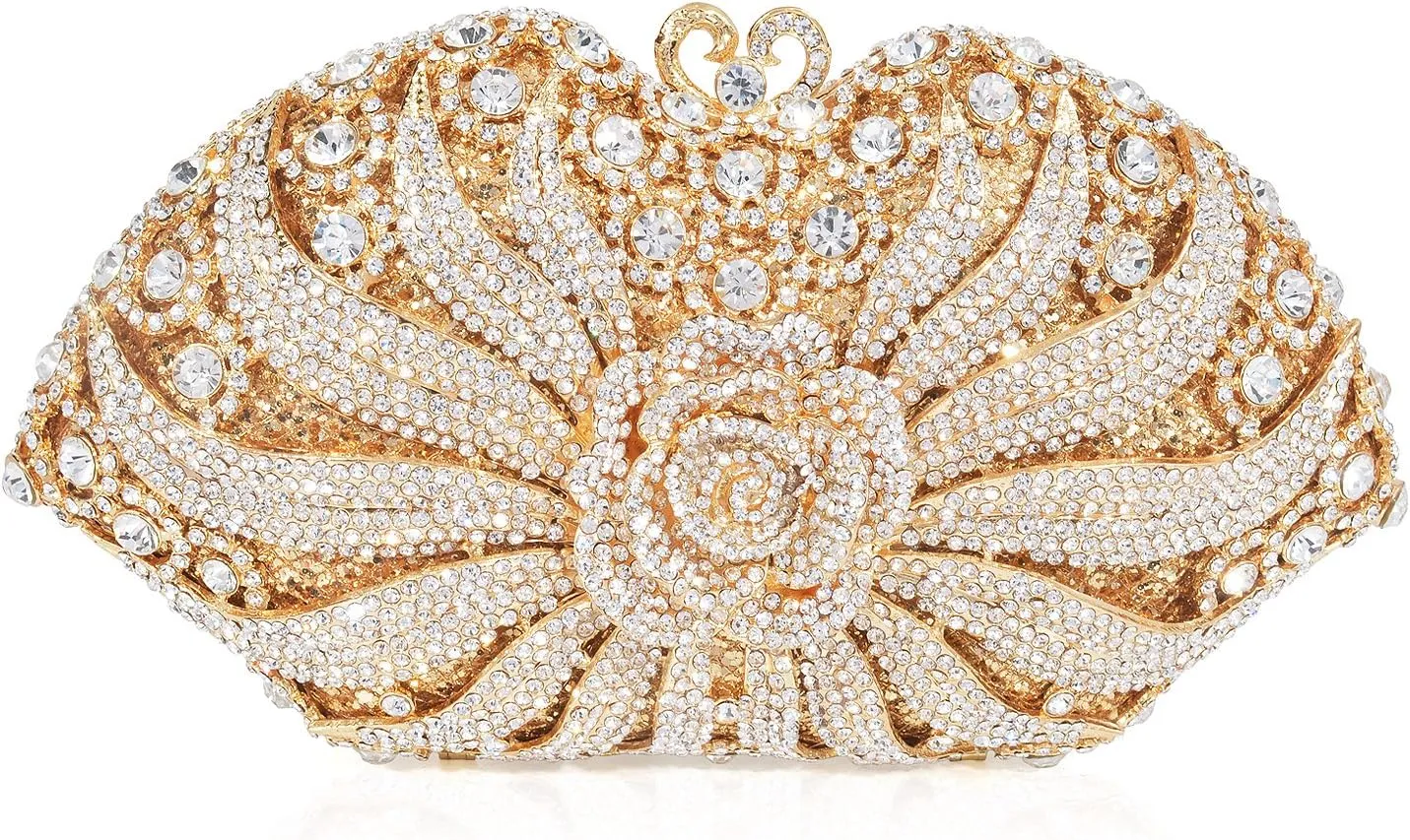 Formal 3D Flower Rhinestone Crystal Clutch Evening Wedding Bag For Women