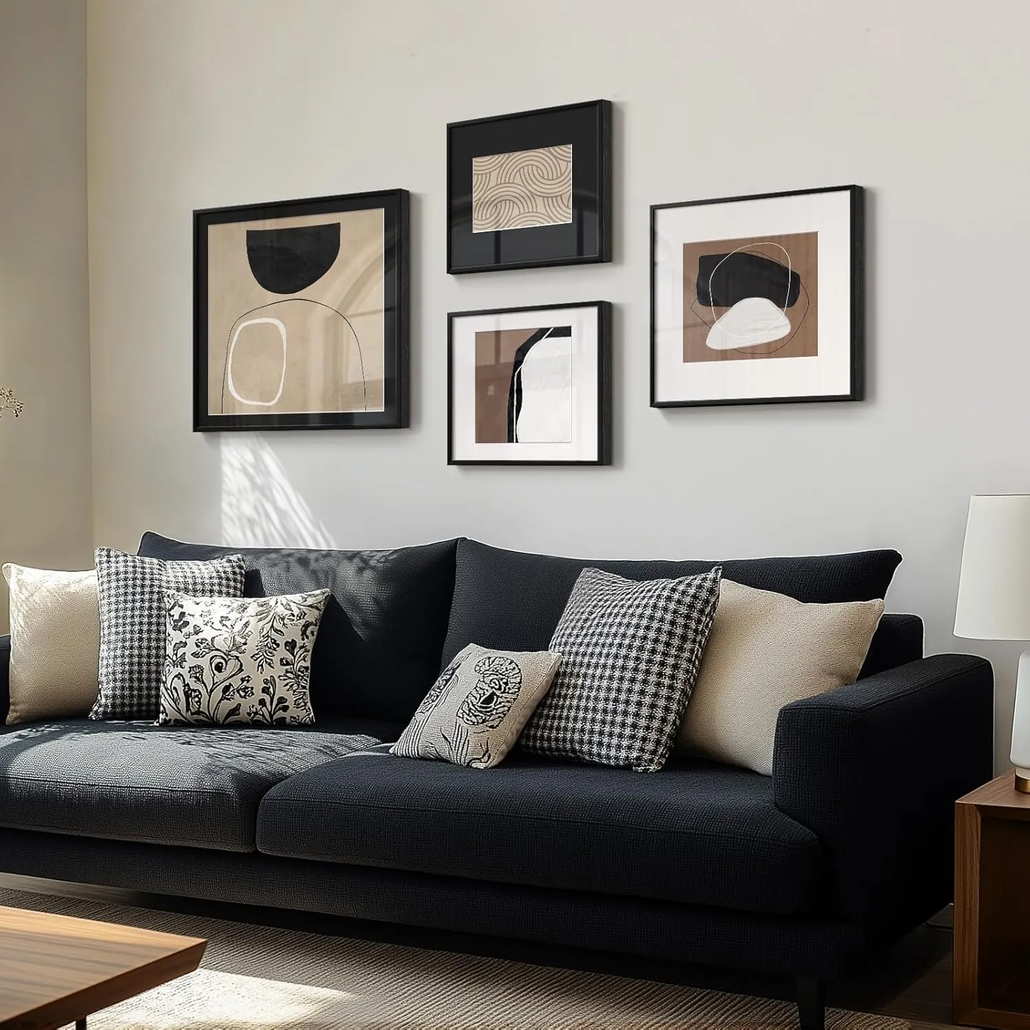 Framed Modern Black and White Brown Abstract Wall Art, Large for Living Room Set of 4 Minimalist neutral Canvas Wall Decor, Geometric boho Paintings Pictures for Bathroom, Dining, Office, Hallway