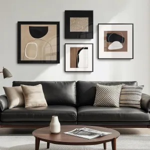 Framed Modern Black and White Brown Abstract Wall Art, Large for Living Room Set of 4 Minimalist neutral Canvas Wall Decor, Geometric boho Paintings Pictures for Bathroom, Dining, Office, Hallway