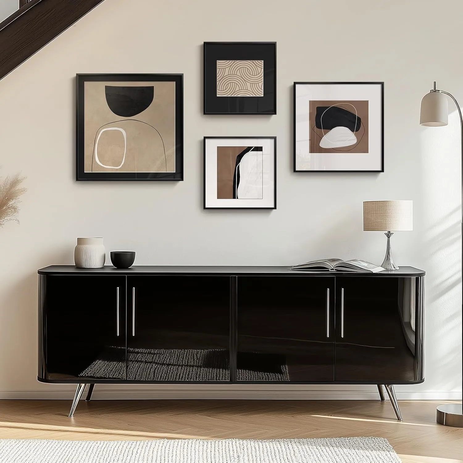 Framed Modern Black and White Brown Abstract Wall Art, Large for Living Room Set of 4 Minimalist neutral Canvas Wall Decor, Geometric boho Paintings Pictures for Bathroom, Dining, Office, Hallway