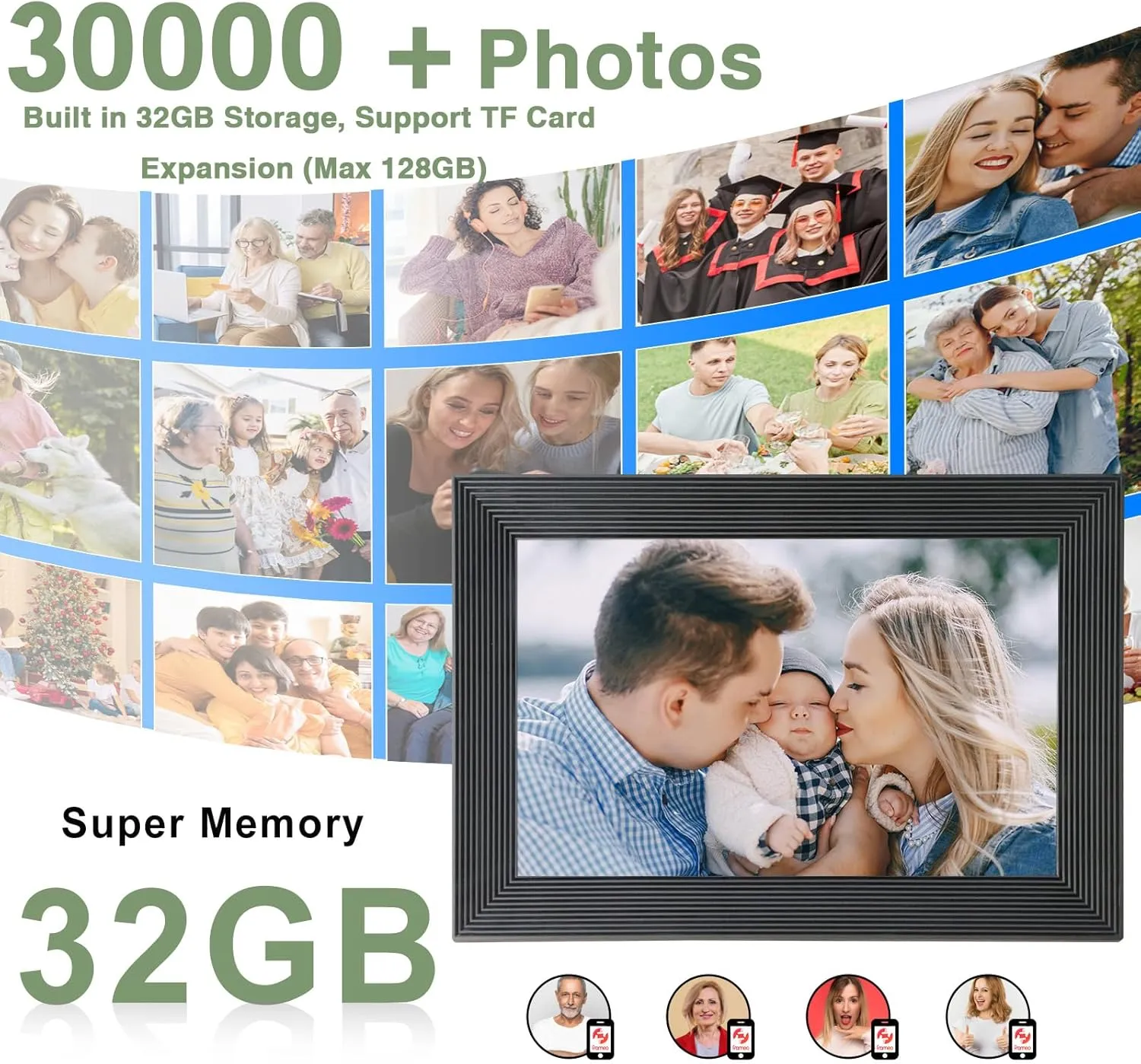 Frameo 10.1 Inch Digital Picture Frame - 1280x800 IPS HD Display, WiFi Cloud & App Control, Touch Screen, 32GB Built-in Storage, Auto-Rotate Portrait/Landscape, Remote Photo Upload (Black)