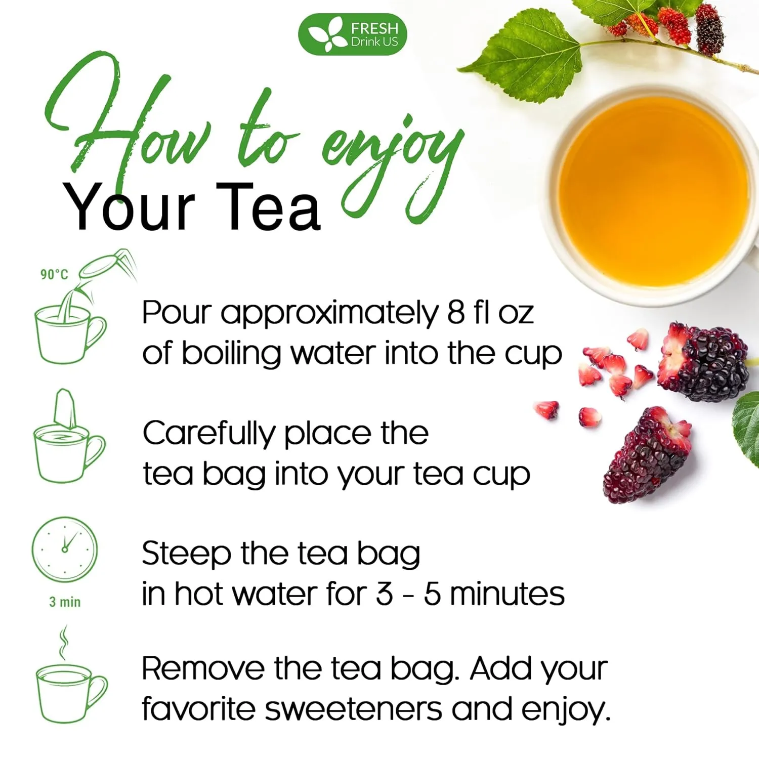 FreshDrinkUS Premium 75 Mulberry Leaf Tea Bags, 100% Natural & Pure. Loose Leaf Herbal Tea. Made with Natural Material Tea Bags. No Sugar, No Caffeine, No Gluten, Vegan