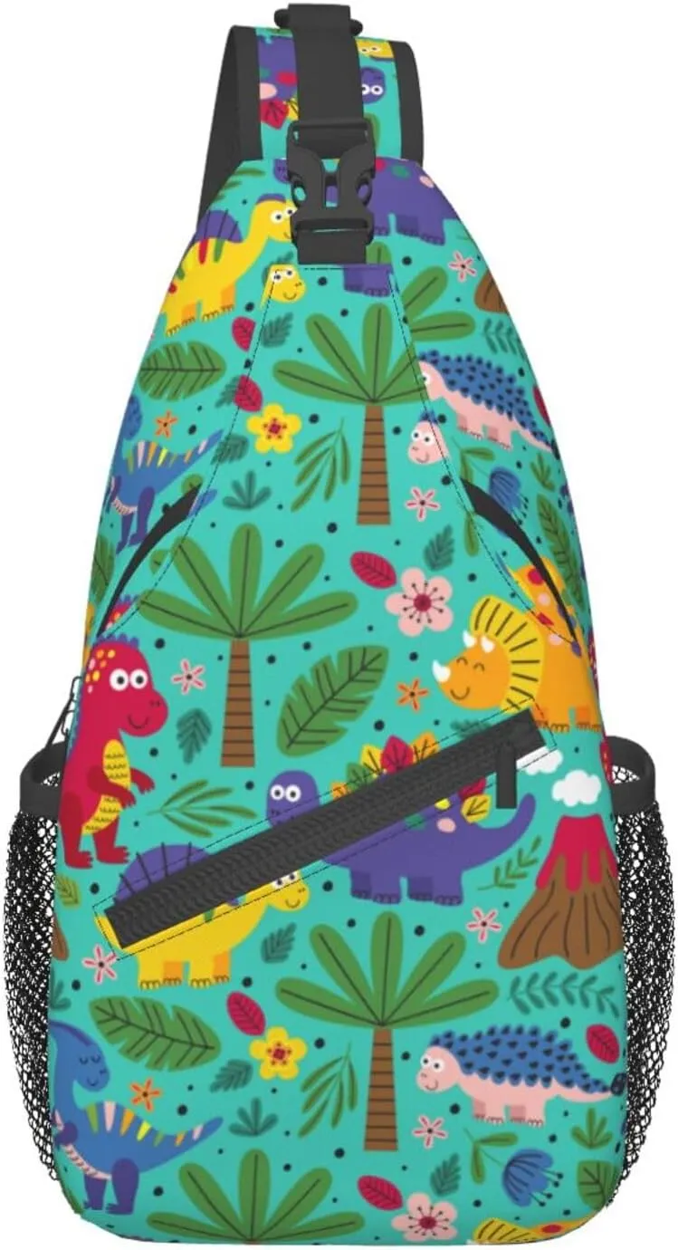 Friendly Dinosaurs Palm Flower Volcano Chest Sling Bag Crossbody Shoulder Backpack Bag Gym Cycling Travel Hiking Daypack Cross bag