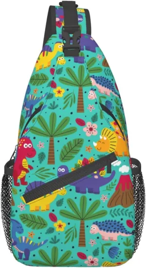Friendly Dinosaurs Palm Flower Volcano Chest Sling Bag Crossbody Shoulder Backpack Bag Gym Cycling Travel Hiking Daypack Cross bag