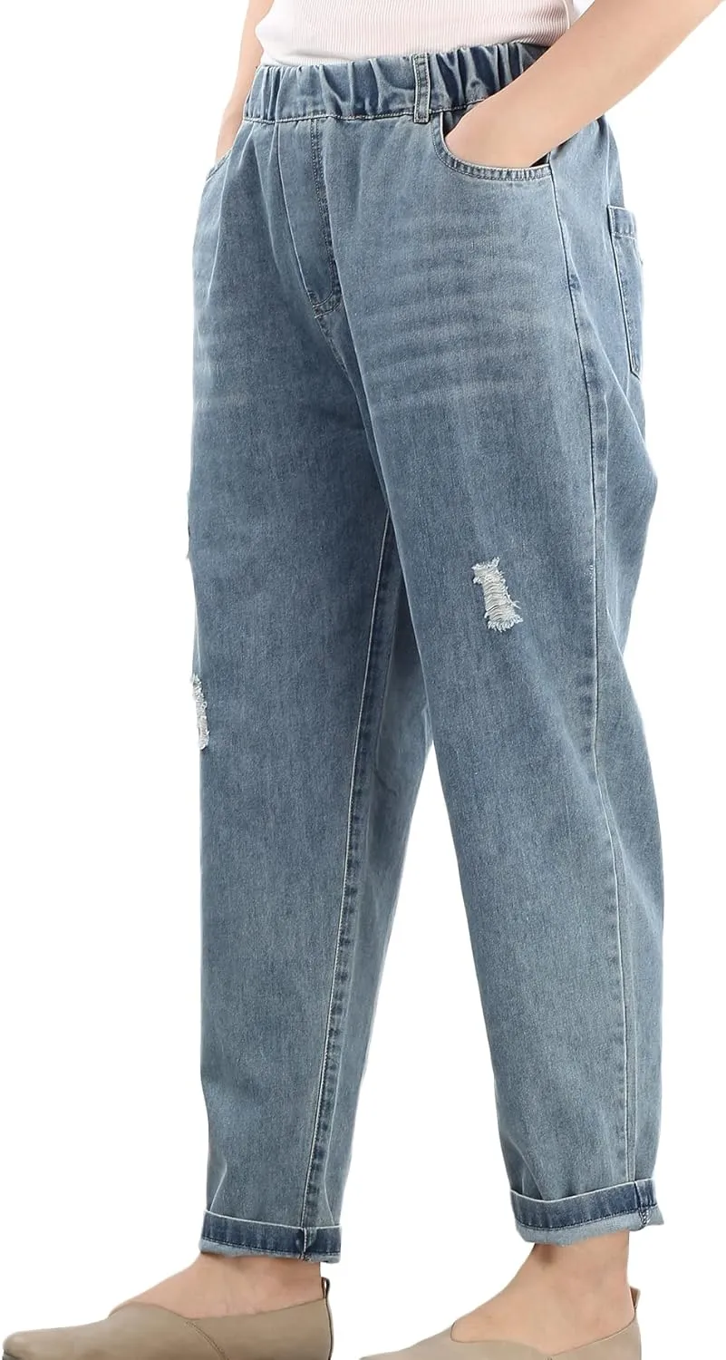 FTCayanz Women's Elastic Waist Cropped Jeans Baggy Drawstring Stretch Denim Pants with Pockets