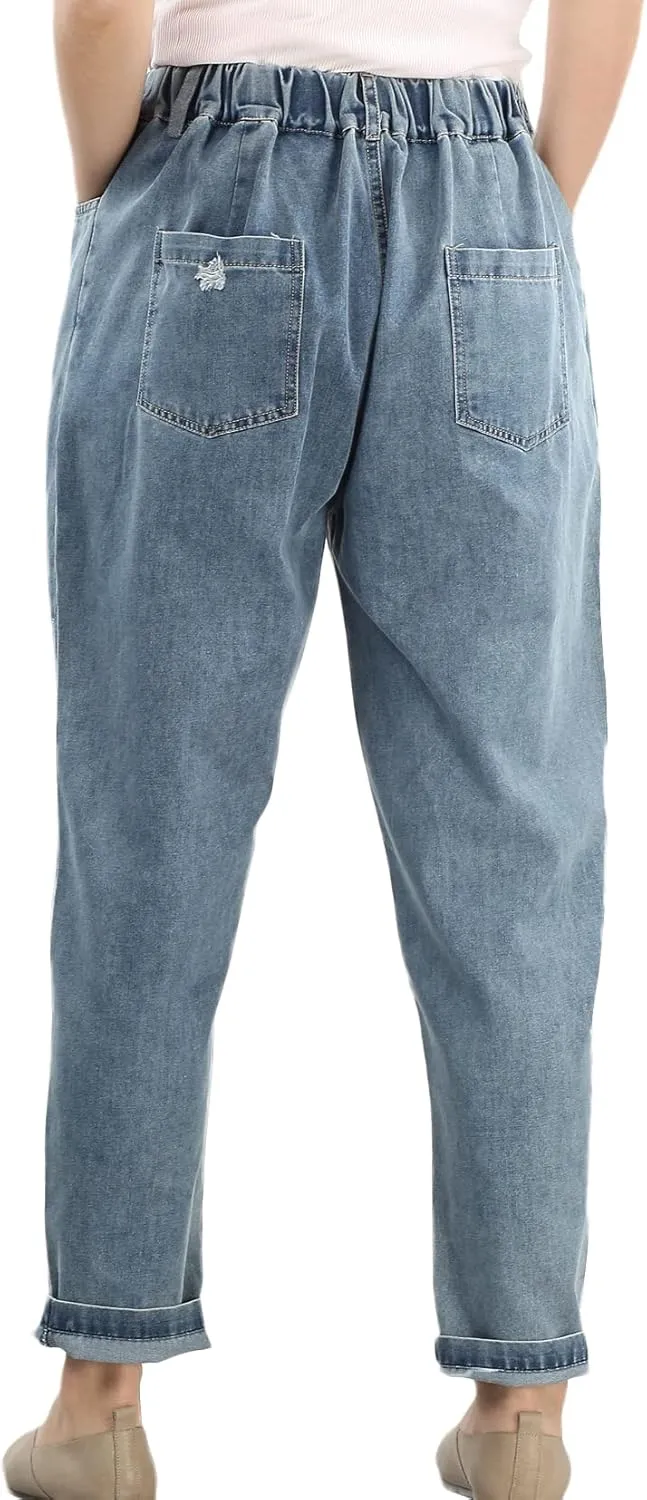 FTCayanz Women's Elastic Waist Cropped Jeans Baggy Drawstring Stretch Denim Pants with Pockets